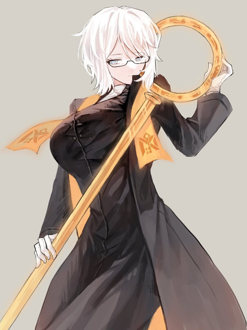 1girl, black_coat, blue_eyes, breasts, closed_mouth, coat, dieci_association_south_uniform, faust_(project_moon)