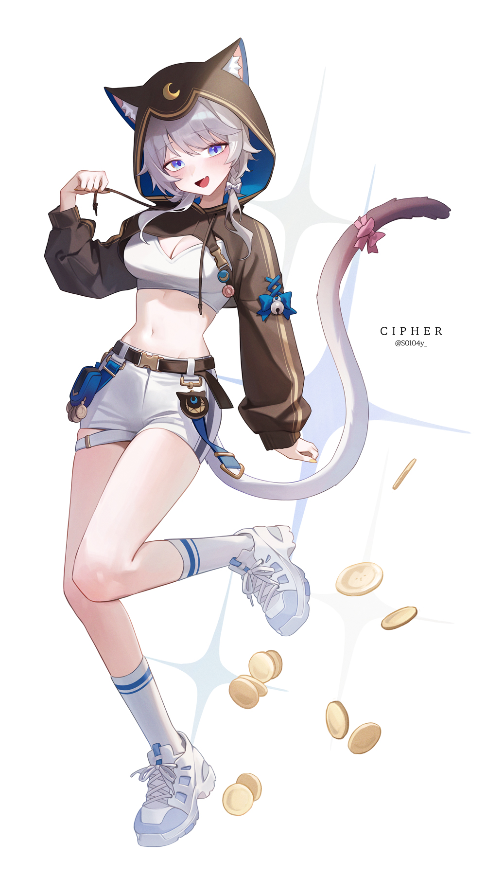 1girl, alternate_costume, animal_ear_fluff, animal_ears, belt, black_belt, black_shrug, blue_eyes