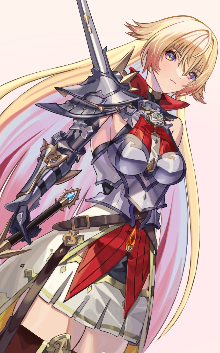 1girl, absurdres, armor, blonde_hair, flower, gauntlets, gradient_hair, highres, holding, holding_sword, holding_weapon, long_hair, marie=malisse, multicolored_eyes, multicolored_hair, pleated_skirt, rose, shadowverse, shadowverse:_worlds_beyond, shoulder_spikes, skirt, solo, solo_focus, spikes, streaked_hair, sword, thighhighs, ushiroki, very_long_hair, weapon, white_flower, white_rose
