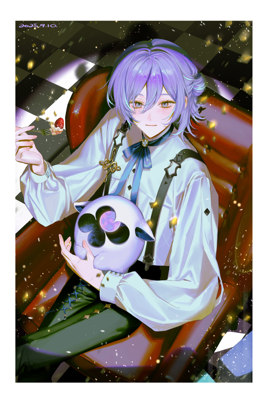 1boy, absurdres, animal, black_pants, blue_bow, blue_bowtie, blue_hair, blush