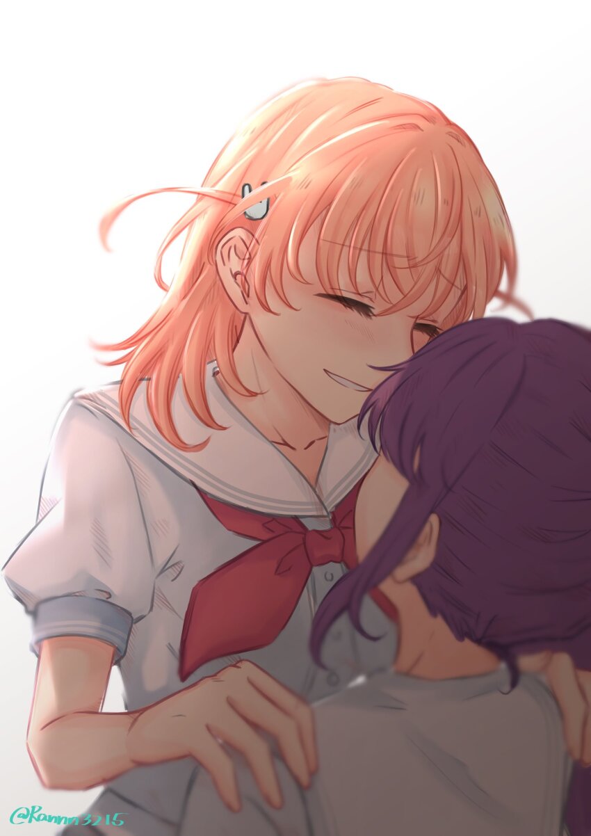 2girls, closed_eyes, commentary_request, dress, grin, hair_ornament, hasu_no_sora_school_uniform, highres