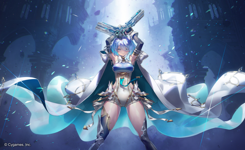 1girl, armor, blue_eyes, blue_hair, bodysuit, breasts, cape, clothing_cutout, detached_sleeves, dreizehn_(shadowverse), dual_wielding, gloves, gun, handgun, holding, large_breasts, medium_hair, official_art, shadowverse, shadowverse:_worlds_beyond, shoulder_armor, side_cutout, solo, thighs, weapon, white_gloves, yanagawa_eri