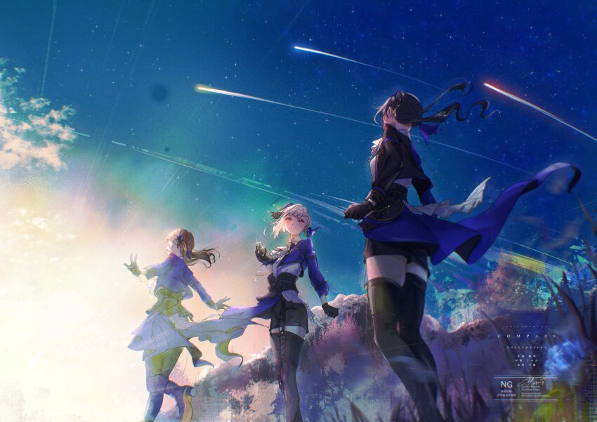 3girls, black_boots, black_hair, black_jacket, black_shorts, blue_jacket, blue_sky, boots