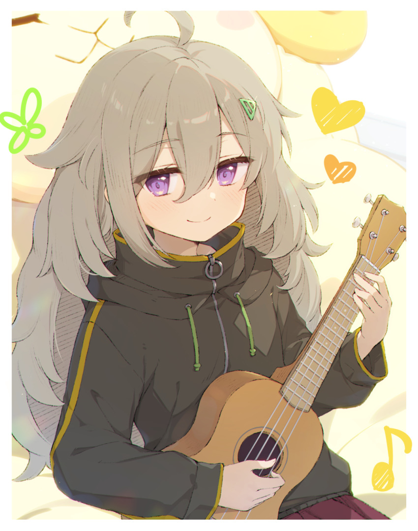 1girl, ahoge, brown_hair, closed_mouth, cohiyuri, green_hair_ornament, hair_ornament, hibi_wa_sugiredo_meshi_umashi