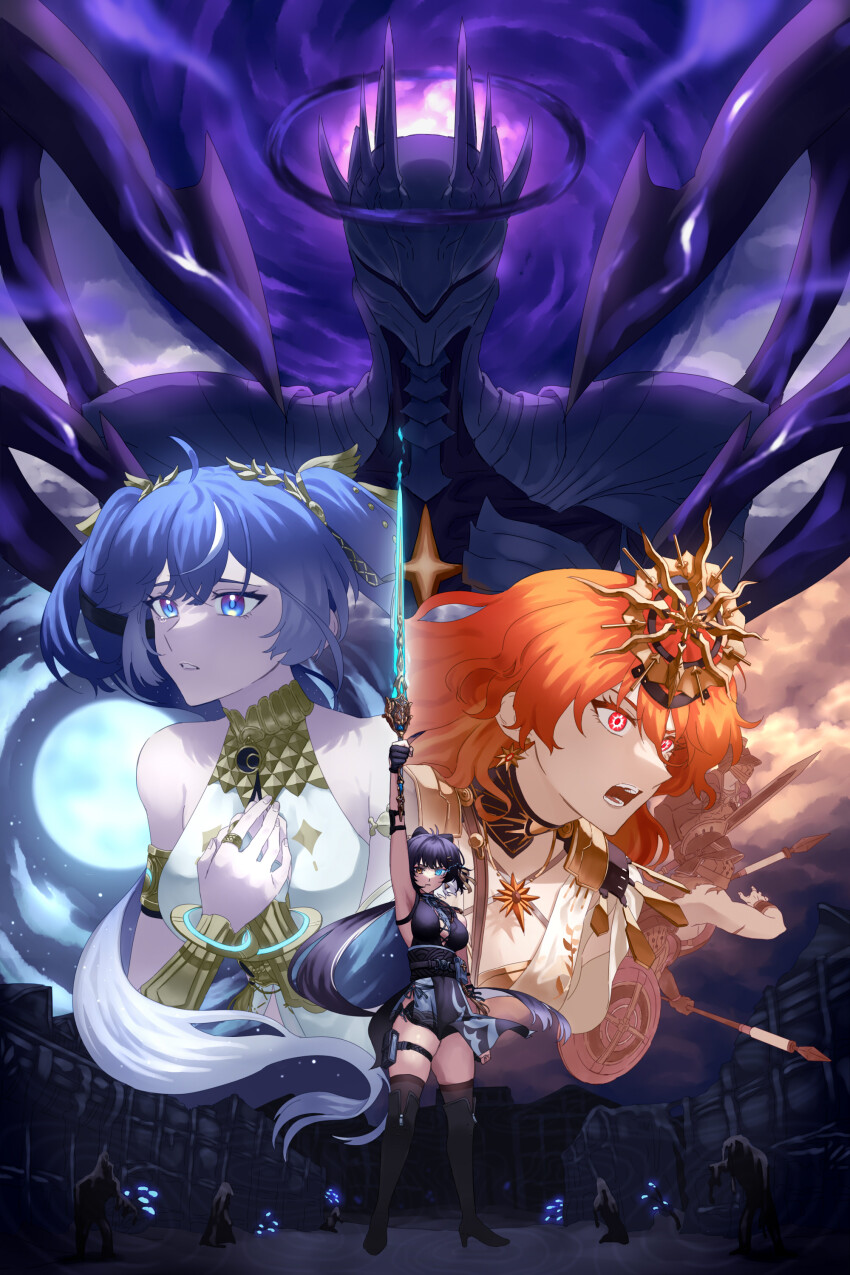 3girls, 3others, absurdres, arm_up, armlet, augusta_(wuthering_waves), bare_shoulders, black_collar, black_dress, black_gloves, black_hair, black_thighhighs, blue_eyes, blue_hair, boots, breasts, collar, commentary, cross-laced_clothes, cross-laced_dress, dress, earrings, english_commentary, false_sovereign_(wuthering_waves), female_rover_(wuthering_waves), gloves, hair_belt, hair_ribbon, hands_on_own_chest, head_wreath, headgear, heterochromia, highres, holding, holding_sword, holding_weapon, iuno_(wuthering_waves), jewelry, long_hair, looking_at_viewer, low_ponytail, medium_breasts, multiple_girls, multiple_others, open_mouth, own_hands_together, parted_lips, ponytail, pouch, psym_2cha, red_eyes, ribbon, rover_(wuthering_waves), short_shorts, shorts, sun_earrings, sun_necklace, sword, tacet_discord_(wuthering_waves), tearing_up, thigh_boots, thigh_pouch, thighhighs, thighhighs_under_boots, thighs, twintails, weapon, wuthering_waves, yellow_eyes, yellow_ribbon