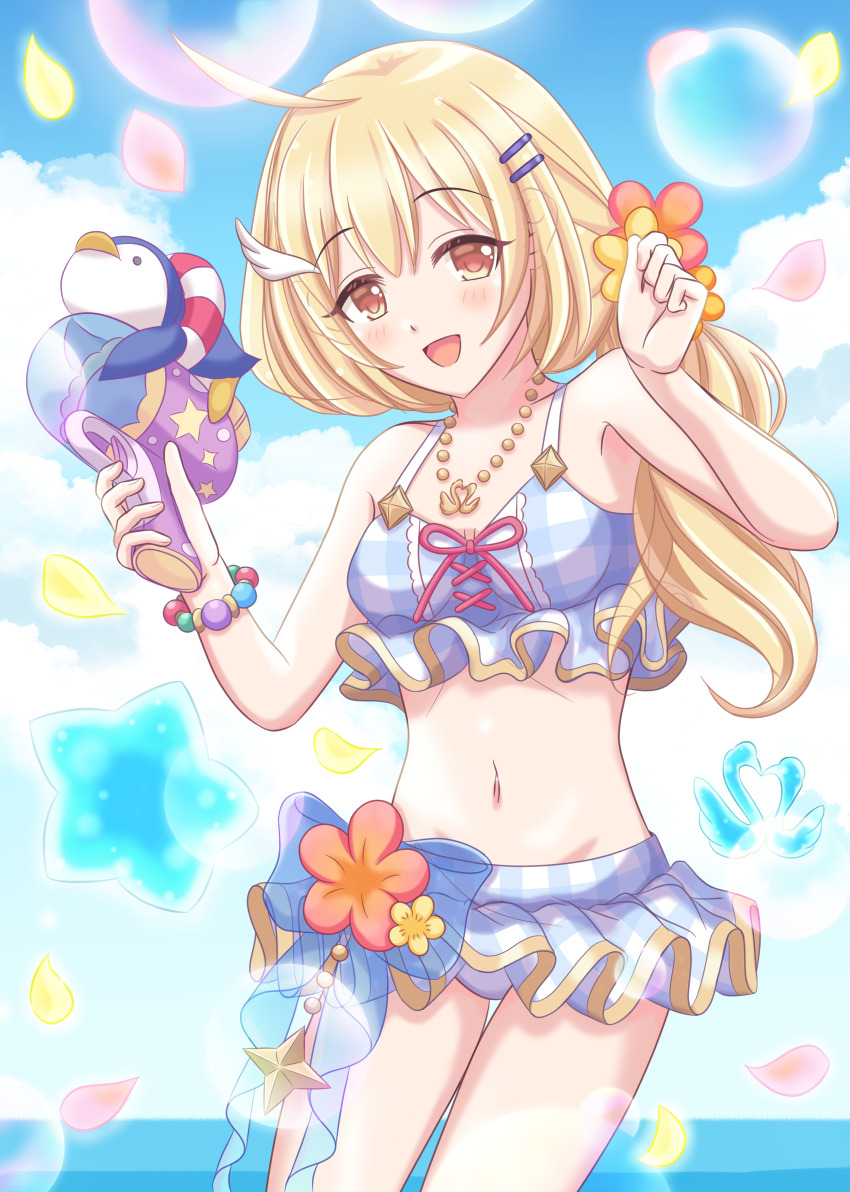 1girl, absurdres, ahoge, bead_bracelet, beads, bikini, blonde_hair, blue_bikini