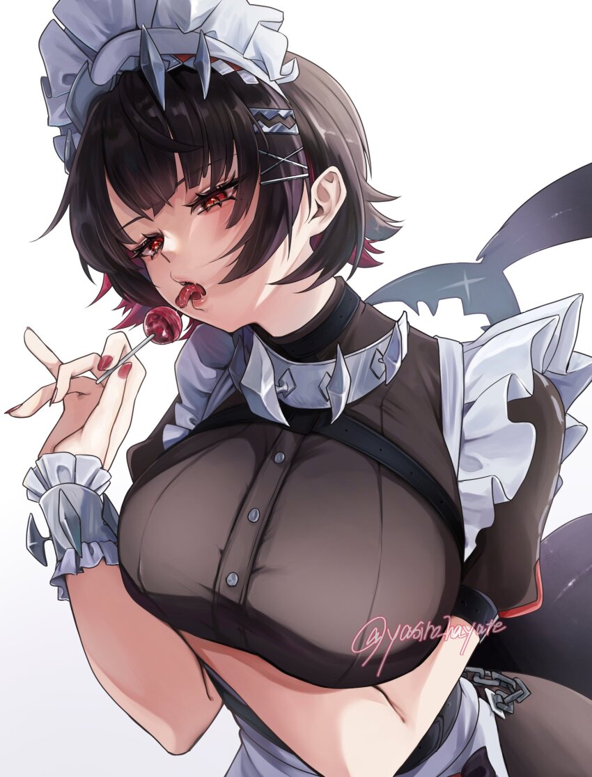 1girl, black_hair, breasts, candy, colored_inner_hair, ellen_joe, fins, fish_tail, food, hair_ornament, hairband, highres, large_breasts, lollipop, maid, maid_headdress, metal_hairband, mole, mole_under_eye, multicolored_hair, pantyhose, razor_blade_hair_ornament, red_eyes, red_hair, scar, scar_on_tail, shark_girl, shark_tail, short_hair, spiked_headband, tail, two-tone_hair, yasiro_hayate, zenless_zone_zero
