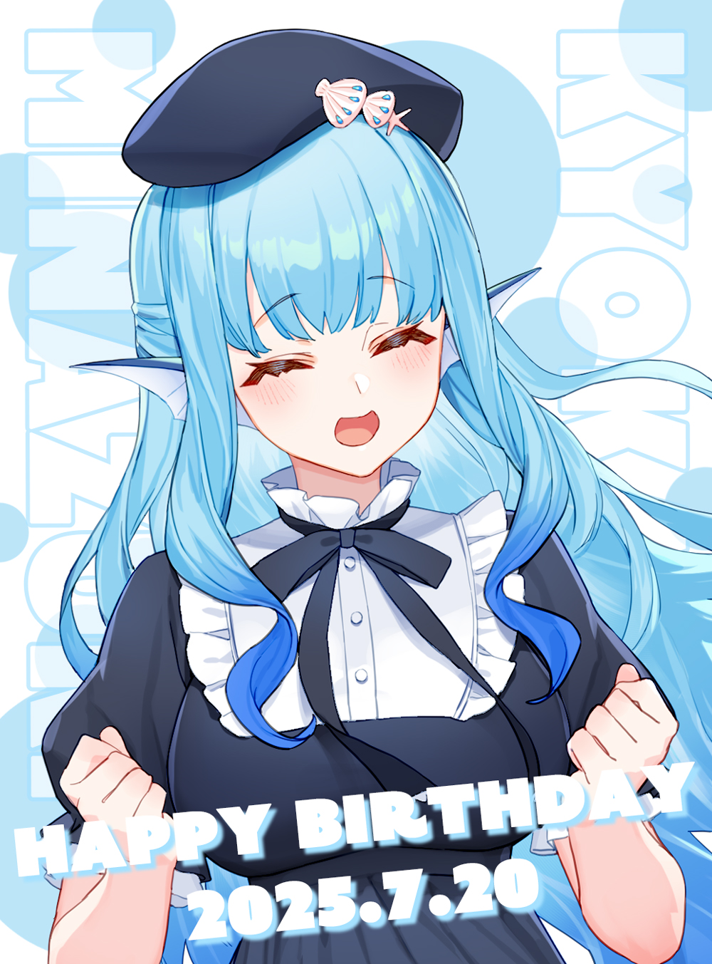 1girl, :d, ^_^, beret, blue_dress, blue_hair, blue_hat, blue_ribbon