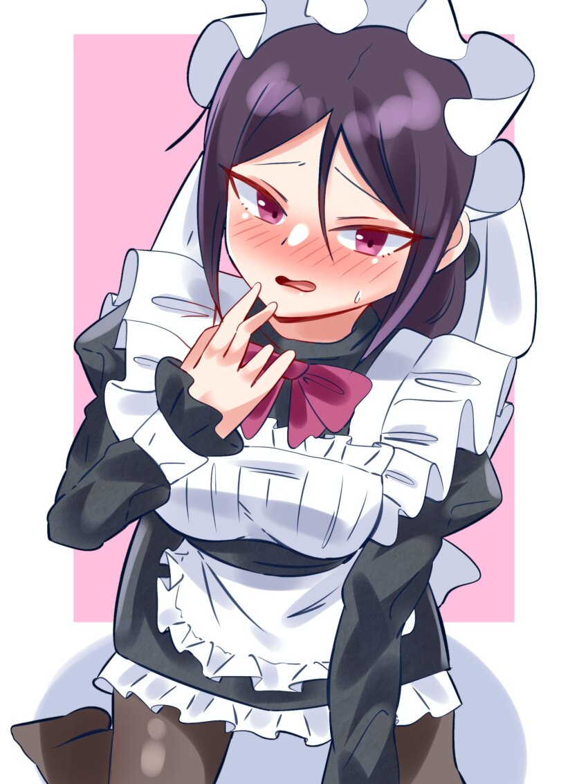 1girl, absurdres, all_fours, alternate_costume, apron, black_hair, black_pantyhose, blush