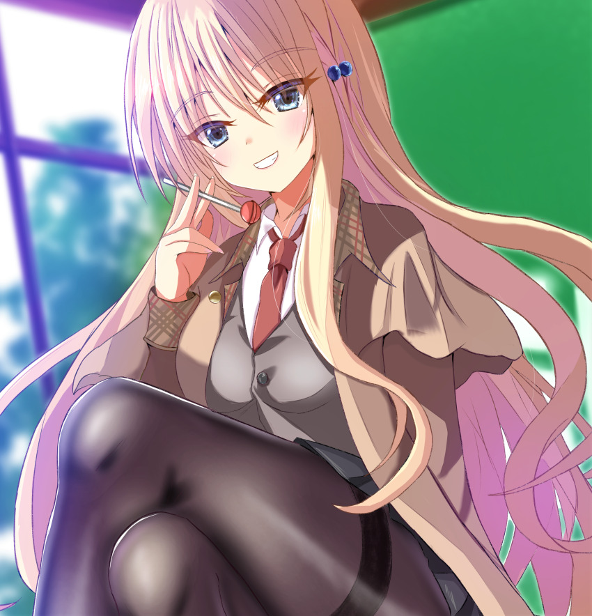 1girl, 2023, :d, absurdres, black_pantyhose, black_skirt, blonde_hair, blue_eyes