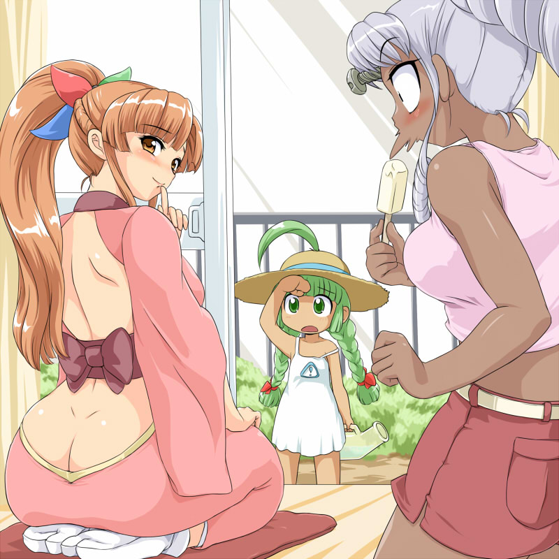 3girls, 95-tan, ahoge, ass, backless_outfit, bare_back, bare_shoulders, blush