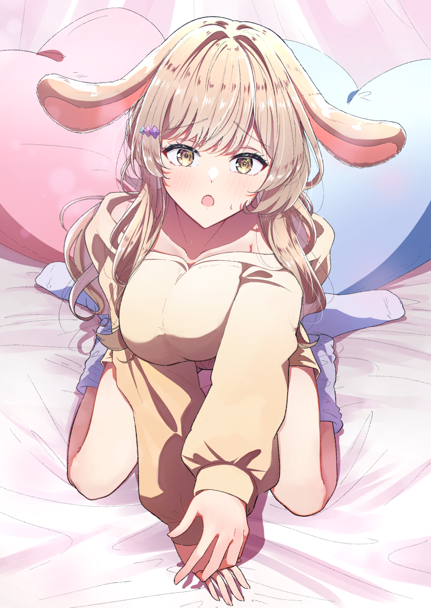 1girl, :o, absurdres, animal_ears, blush, breasts, brown_hair, collarbone