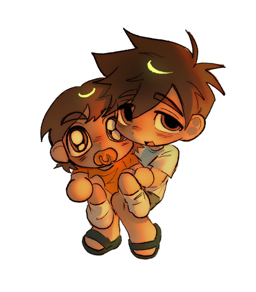 2boys, :d, aged_down, baby, black_sandals, blush, brothers, brown_eyes, brown_hair, dark-skinned_male, dark_skin, dot_nose, double-parted_bangs, from_above, full_body, grey_shorts, hair_behind_ear, hair_between_eyes, hero_(faraway)_(omori), hero_(omori), invisible_chair, kel_(faraway)_(omori), kel_(omori), looking_at_viewer, lyuz_(justtoseemeplea), male_focus, multiple_boys, no_shoes, omori, open_mouth, orange_shirt, pacifier, sandals, shirt, short_hair, short_sleeves, shorts, siblings, simple_background, sitting, sitting_on_lap, sitting_on_person, smile, socks, t-shirt, tongue, very_short_hair, white_background, white_shirt, white_socks