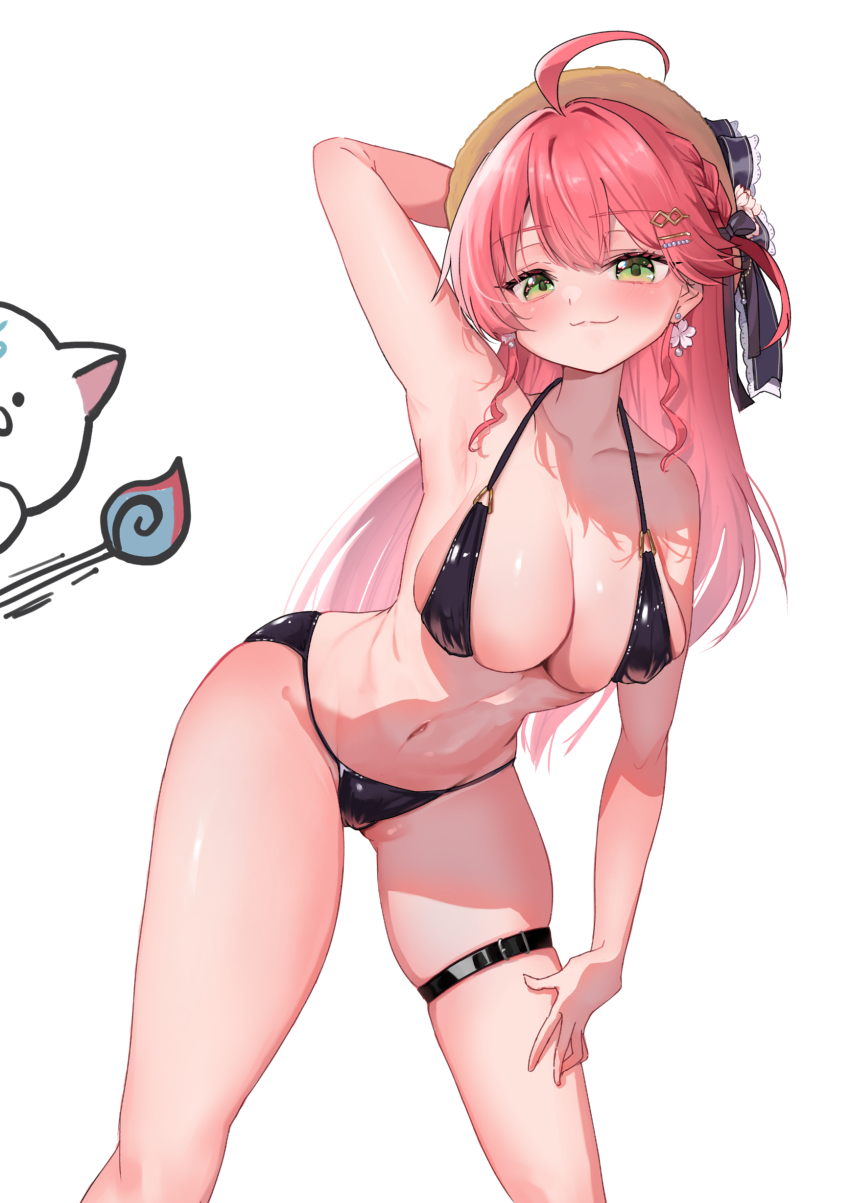 1girl, absurdres, ahoge, bikini, black_bikini, blush, breasts, closed_eyes, cowboy_shot, earrings, flower_earrings, green_eyes, hat, highres, hololive, jewelry, large_breasts, long_hair, lossko, pink_eyes, sakura_miko, smile, solo, swimsuit, virtual_youtuber, yellow_hat