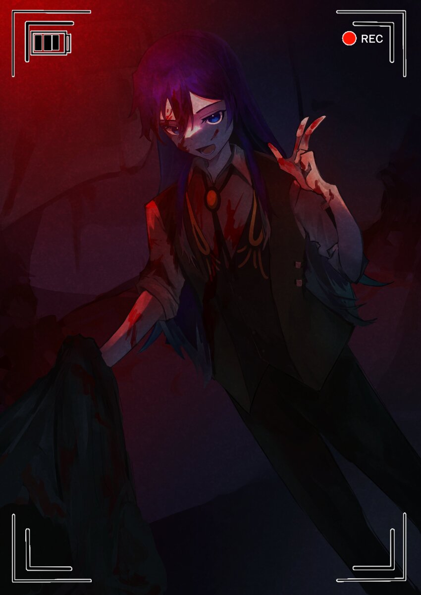 1boy, absurdres, battery_indicator, blood, blood_on_clothes, blood_on_face, blood_on_hands, blue_eyes