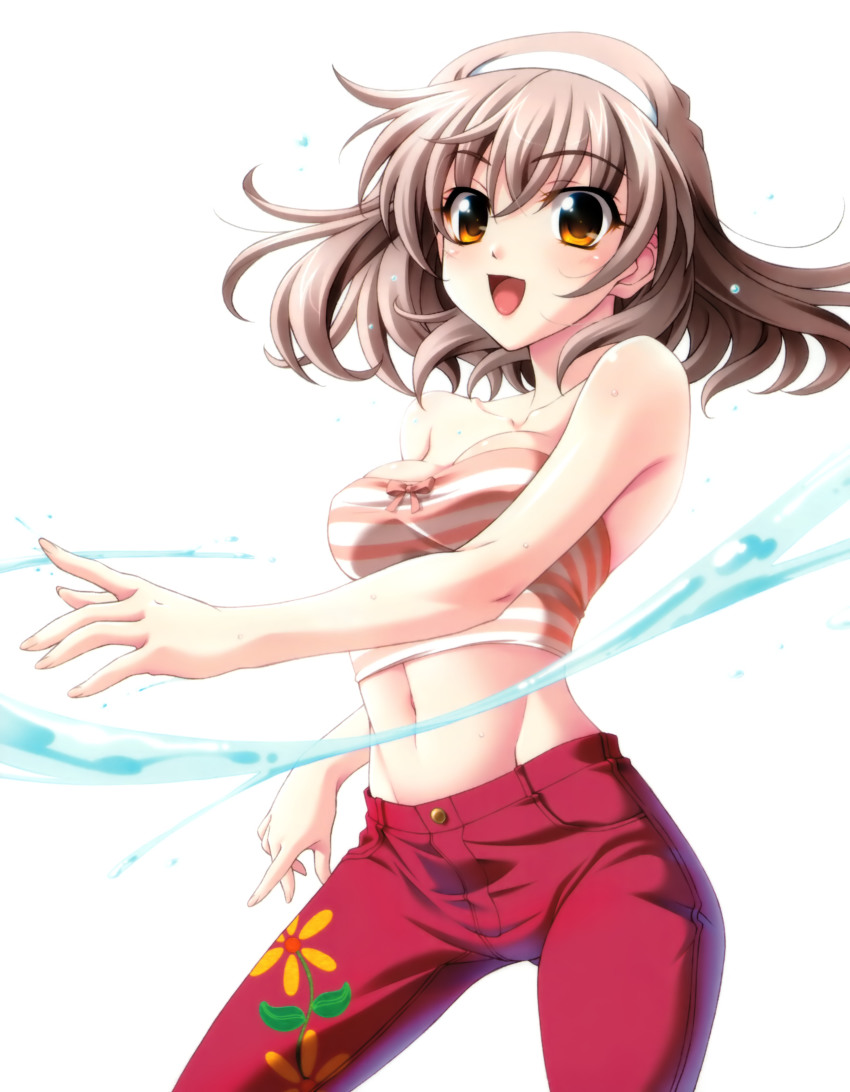 1girl, 5pb., :d, absurdres, bare_shoulders, breasts, cleavage, female_focus, hairband, highres, koshimizu_takayuki, memories_off, memories_off_6, midriff, navel, open_mouth, orange_eyes, pants, smile, solo, strapless, striped, toomine_ririsu, tube_top