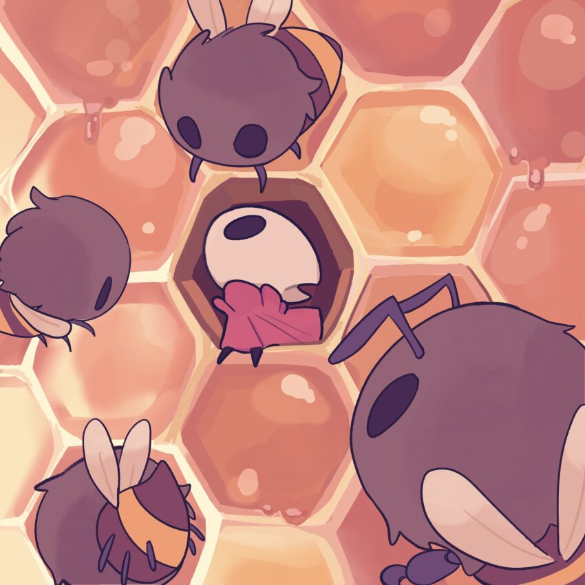 1girl, aged_down, antennae, bee, bug, commentary, english_commentary, highres, hive_soldier_(hollow_knight), hiveling_(hollow_knight), hollow_knight, honey, honeycomb_(object), hornet_(hollow_knight), insect, insect_wings, no_humans, qizhukumoko, solid_oval_eyes, wings