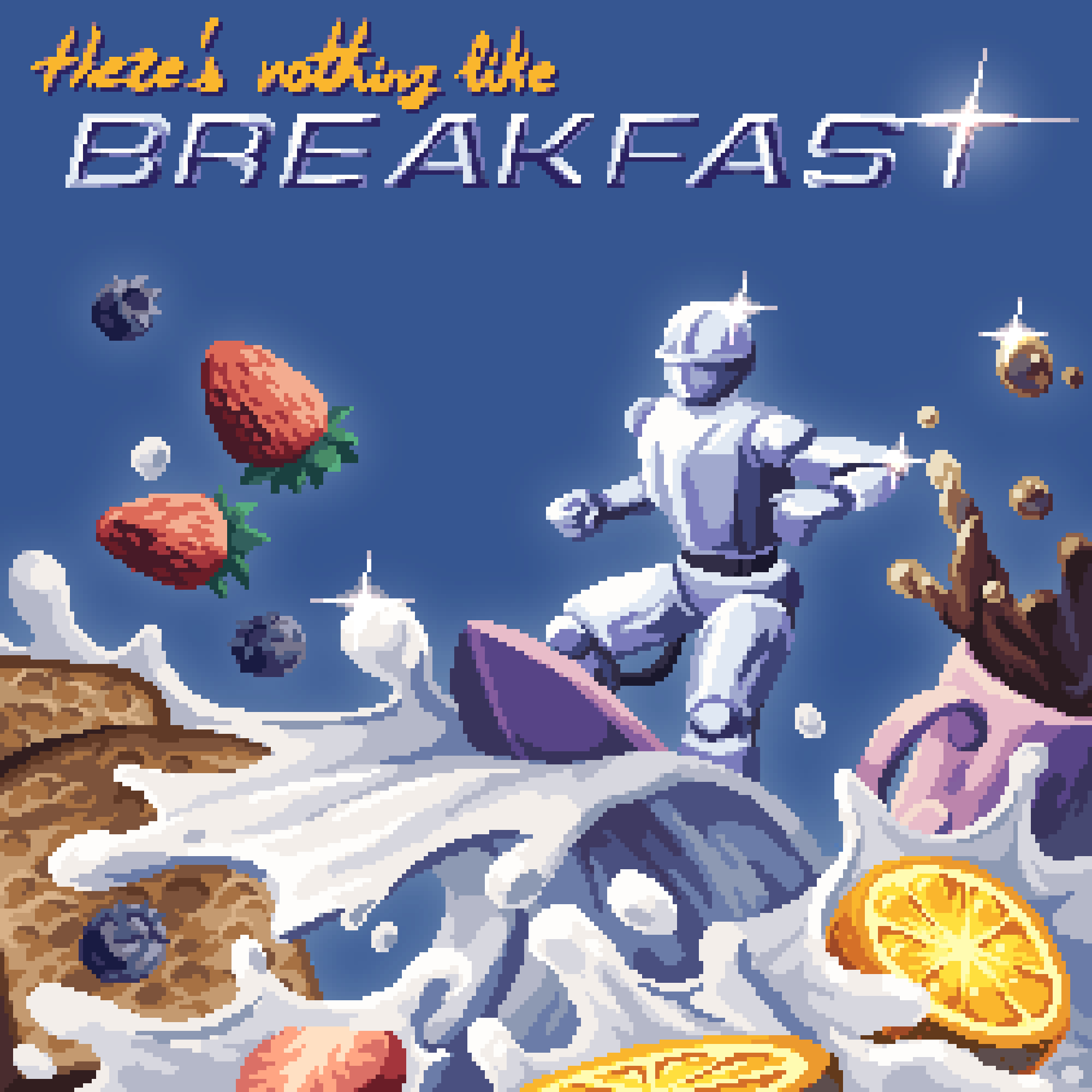 1boy, blueberry, food, fruit, highres, knight, lemon, louispretends, milk, original, pixel_art, strawberry, surfing, waffle