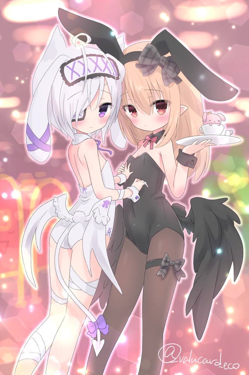 2girls, ahoge, animal_ear_hairband, animal_ears, bandages, black_collar, black_hairband, black_leotard