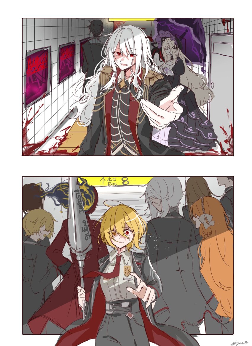 1other, 4boys, 6+girls, black_coat, black_hair, black_pants, blonde_hair, brown_hair