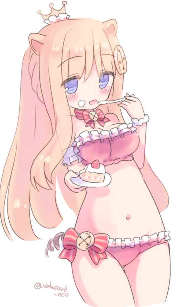 1girl, animal_ears, balloonpig_alma, bikini, blonde_hair, blue_eyes, blush, breasts, cake, cleavage, crown, emil_chronicle_online, food, food_on_face, fork, frilled_bikini, frilled_wrist_cuffs, frills, hair_ornament, holding, holding_fork, holding_tray, large_breasts, long_hair, navel, neck_ribbon, open_mouth, pig_ears, pig_girl, pig_tail, pink_bikini, pink_ribbon, ribbon, solo, strapless, strapless_bikini, swimsuit, tail, tray, twitter_username, valucard_eco, white_background, white_wrist_cuffs, wrist_cuffs