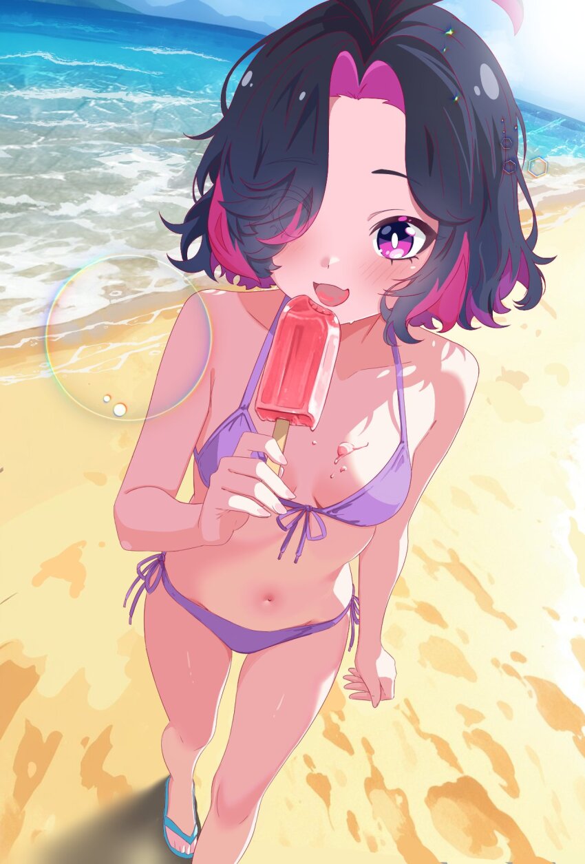 beach, bikini, food, highres, ice_cream, orenji_gallery, purple_eyes, sand