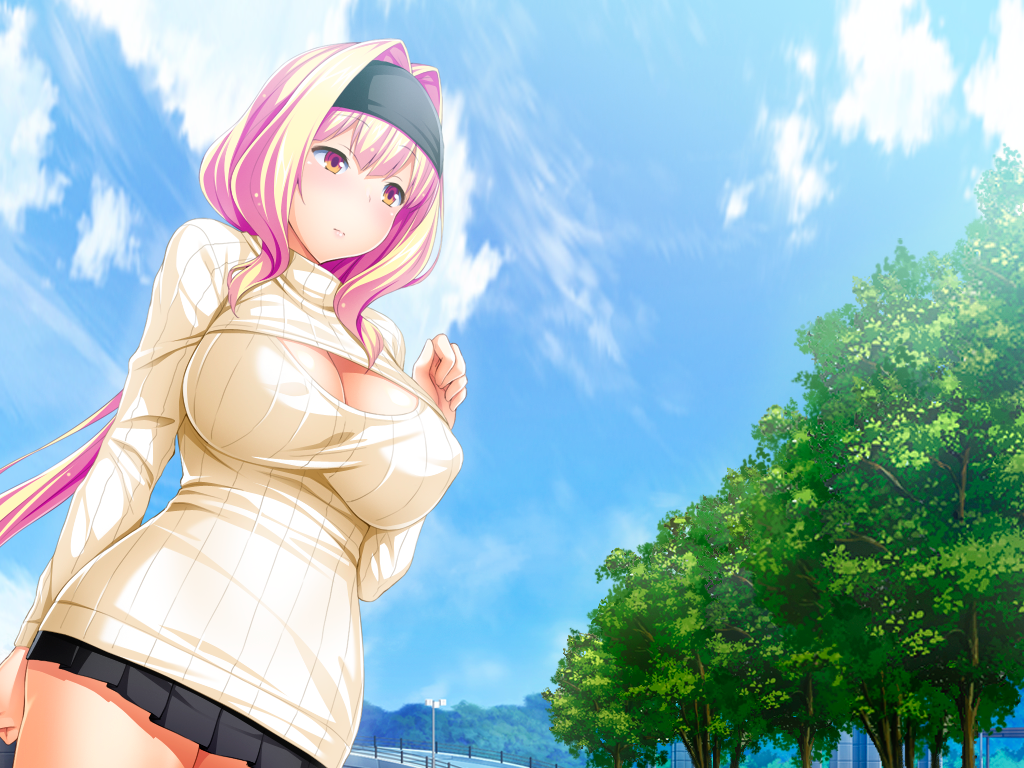 1girl, azarin_(exs-tia), blonde_hair, blue_sky, blush, breasts, casual, cleavage, cleavage_cutout, clothing_cutout, cloud, covered_erect_nipples, day, game_cg, hair_intakes, hairband, headband, kouyoku_senki_exs-tia, large_breasts, large_variant_set, long_hair, miniskirt, non-web_source, official_art, open-chest_sweater, orange_eyes, outdoors, pink_hair, pleated_skirt, ribbed_sweater, satou_kuuki, self-datamine, skirt, sky, solo, sweater, tree, turtleneck, variant_set