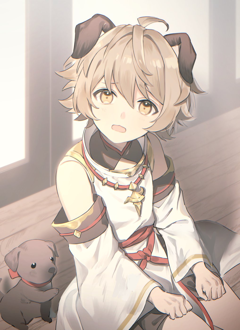 1boy, animal_ears, basara_(granblue_fantasy), brown_hair, detached_sleeves, dog, dog_ears, erune