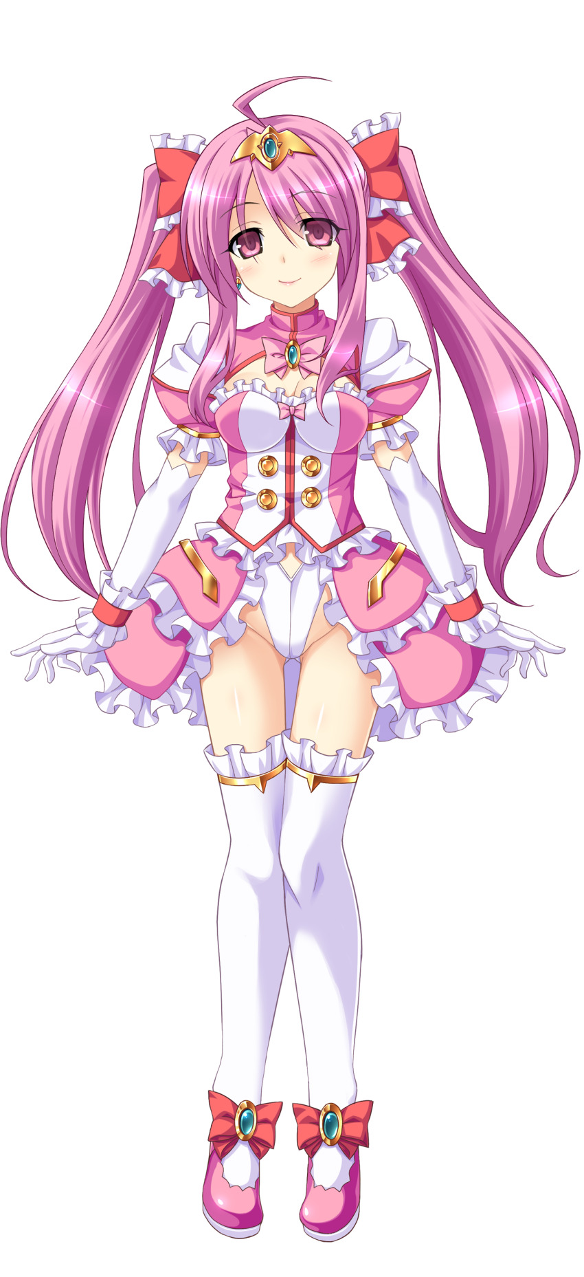 1girl, absurdres, ahoge, aoi_masami, arty_cherry, bow, breasts, cleavage, clothing_cutout, dress, elbow_gloves, frills, full_body, game_cg, gloves, hair_bow, hair_ribbon, harukaze_mai_(tsmg_nao!), highres, jewelry, large_variant_set, leotard, long_hair, looking_at_viewer, magical_girl, medium_breasts, non-web_source, official_art, pink_eyes, pink_hair, puffy_sleeves, ribbon, self-datamine, shoes, short_sleeves, showgirl_skirt, smile, solo, standing, thighhighs, tiara, transparent_background, ts_magical_girl_nao, twintails, variant_set, white_gloves, white_thighhighs