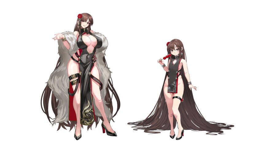 2girls, above-cleavage_cutout, absurdres, aged_down, bare_shoulders, black_dress, blush, bracelet