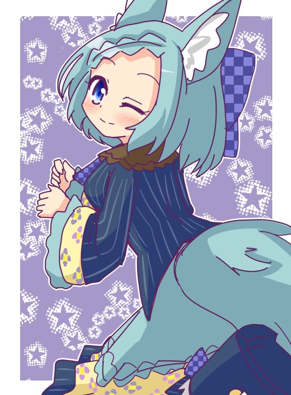 1girl, animal_ears, blue_boots, blue_eyes, blue_hair, blue_shirt, blue_sky, boots