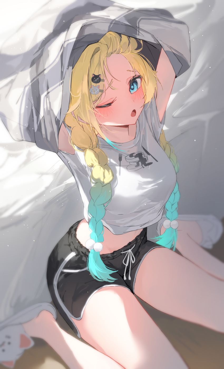 1girl, absurdres, aizawa_ema, arms_up, black_shorts, blonde_hair, blue_eyes, blush