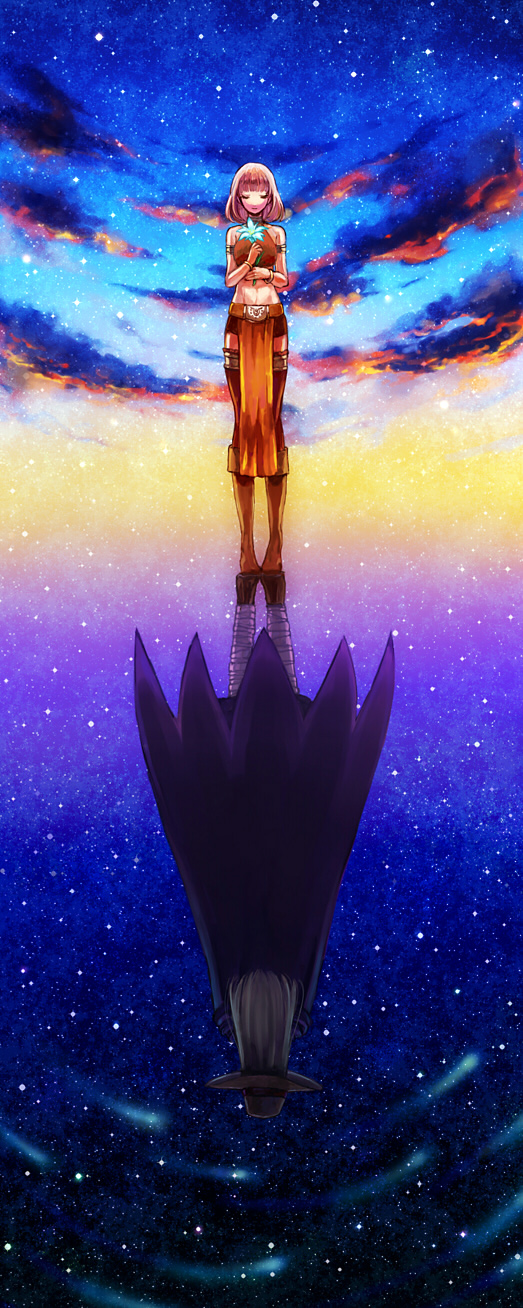 1boy, 1girl, armlet, bandaged_leg, bandages, blonde_hair, blue_flower, blue_sky