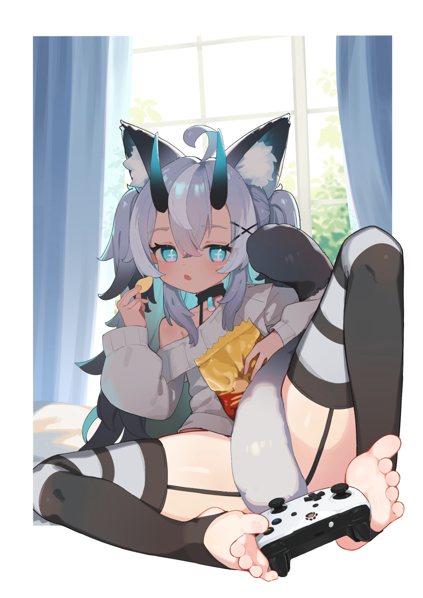 absurdres, ahoge, animal_ear_fluff, animal_ears, barefoot, between_feet, biluoyao, black_hair