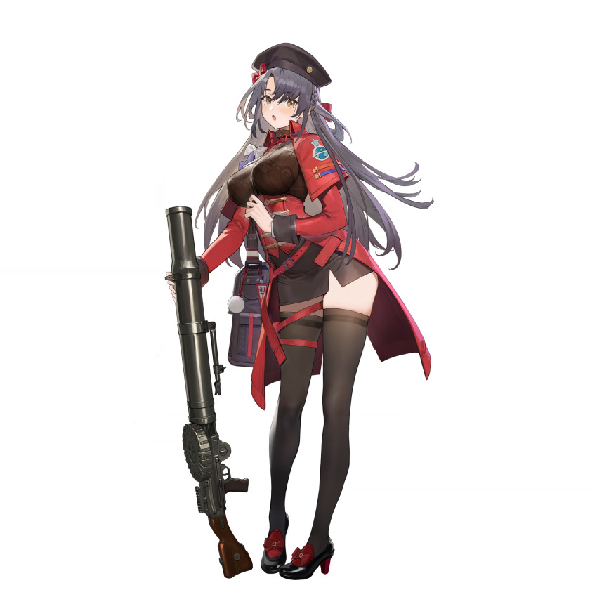 1girl, :o, artist_request, bag, beret, black_hair, black_skirt, black_thighhighs