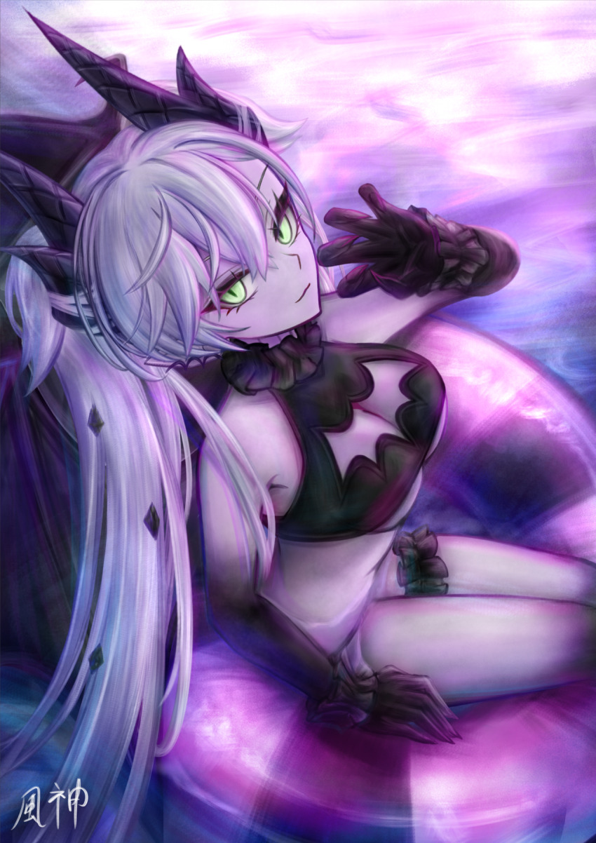 1girl, bare_shoulders, bikini, black_bikini, black_hands, breasts, cleavage, colored_extremities