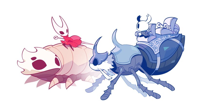 1girl, 1other, bell_beast_(hollow_knight), bradyclaph83904, half-siblings, highres, hollow_eyes, hollow_knight, hollow_knight:_silksong, hornet_(hollow_knight), knight_(hollow_knight), nail_(hollow_knight), needle_(hollow_knight), riding, simple_background, sitting, the_last_stag, white_background, white_mask