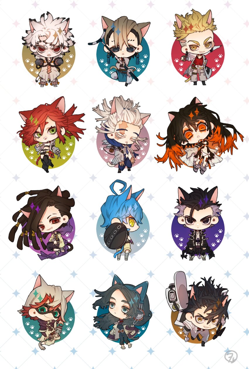 4girls, 6+boys, absurdres, alternate_skin_color, amo_empool, animal_ears, black_hair, blonde_hair