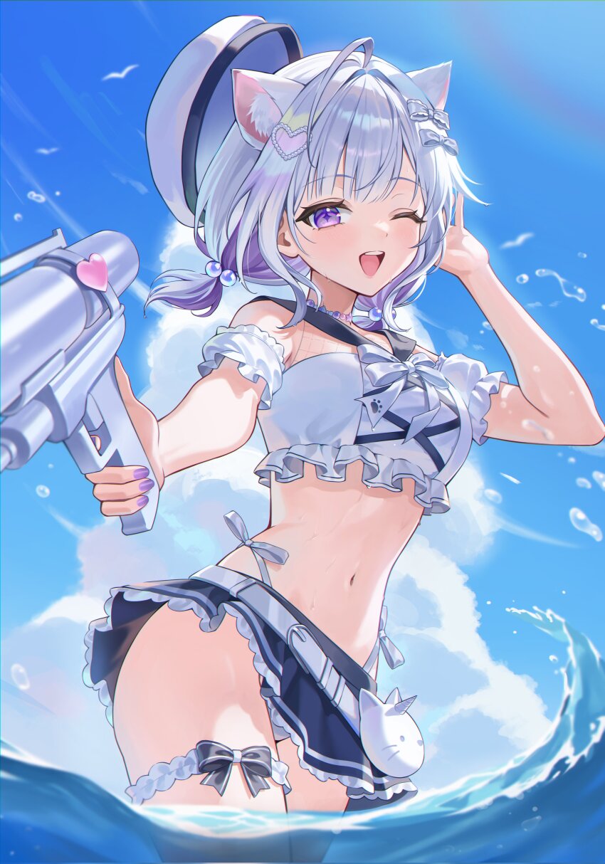 1girl, absurdres, ahoge, animal_ears, ayatsuno_yuni, bare_shoulders, bikini, blue_skirt