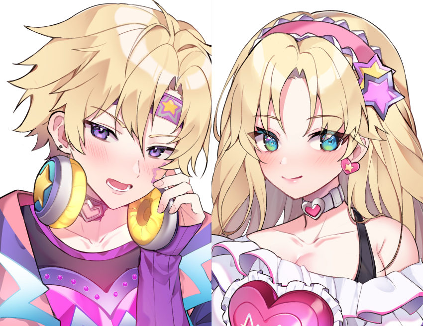 1boy, 1girl, absurdres, black_shirt, blonde_hair, blue_eyes, blush, bra_strap