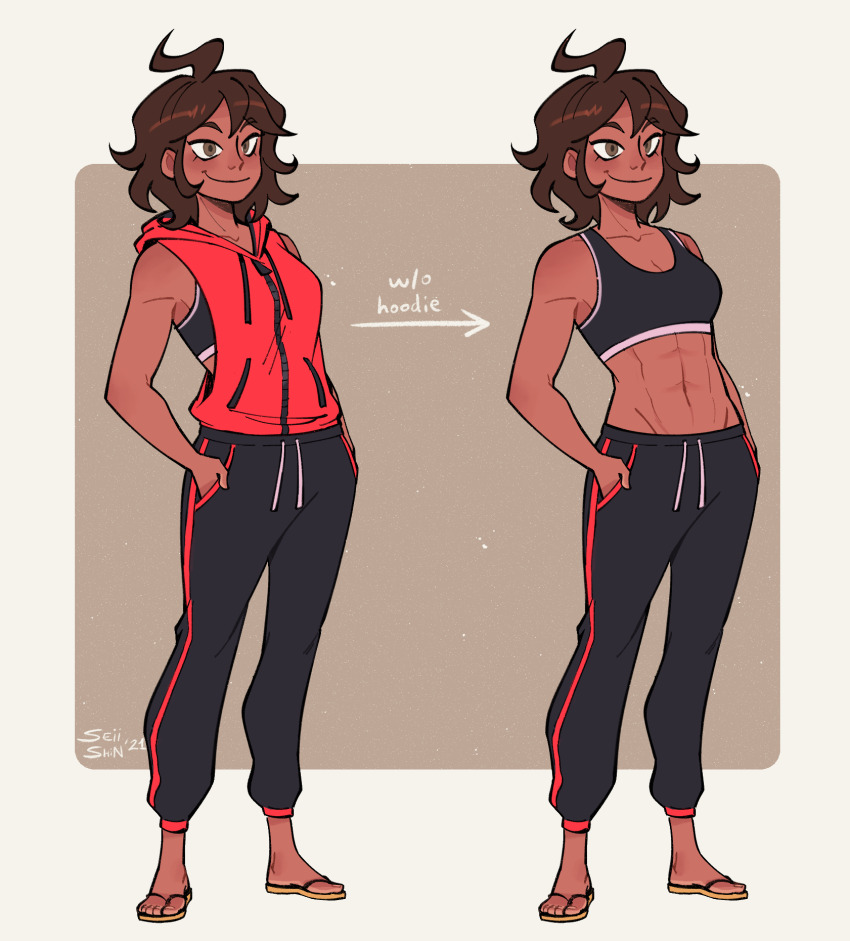 1girl, abs, alternate_costume, arrow_(symbol), artist_name, black_sports_bra, brown_eyes, brown_hair