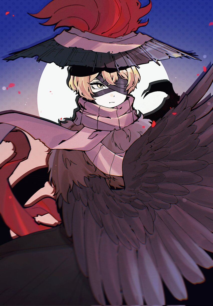 1boy, bandage_on_face, bandage_over_one_eye, bandages, blonde_hair, blue_background, brown_cloak, brown_feathers