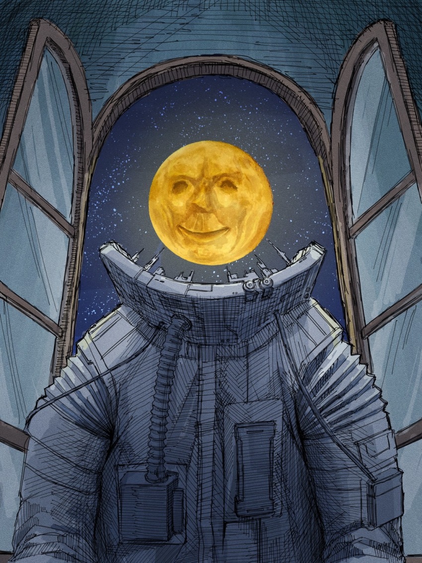 1boy, astronaut, crosshatching, full_moon, glowing, hatching_(texture), headless, highres