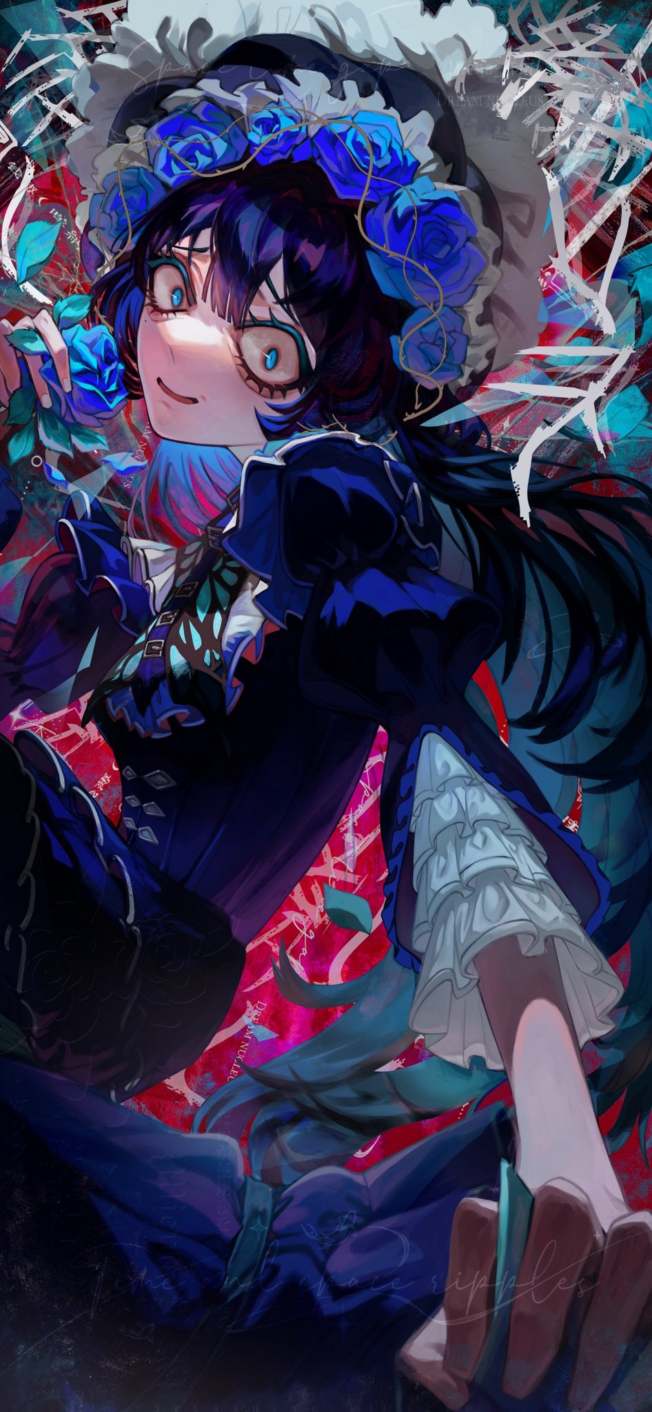 1girl, ado_(utaite), aishite_aishite_aishite_(vocaloid), black_hair, blue_dress, blue_eyes, blue_flower, blue_rose, chando_(ado), commentary, dress, flower, highres, miena_(xtxaxyxlxox), open_mouth, red_background, rose, solo, wide-eyed