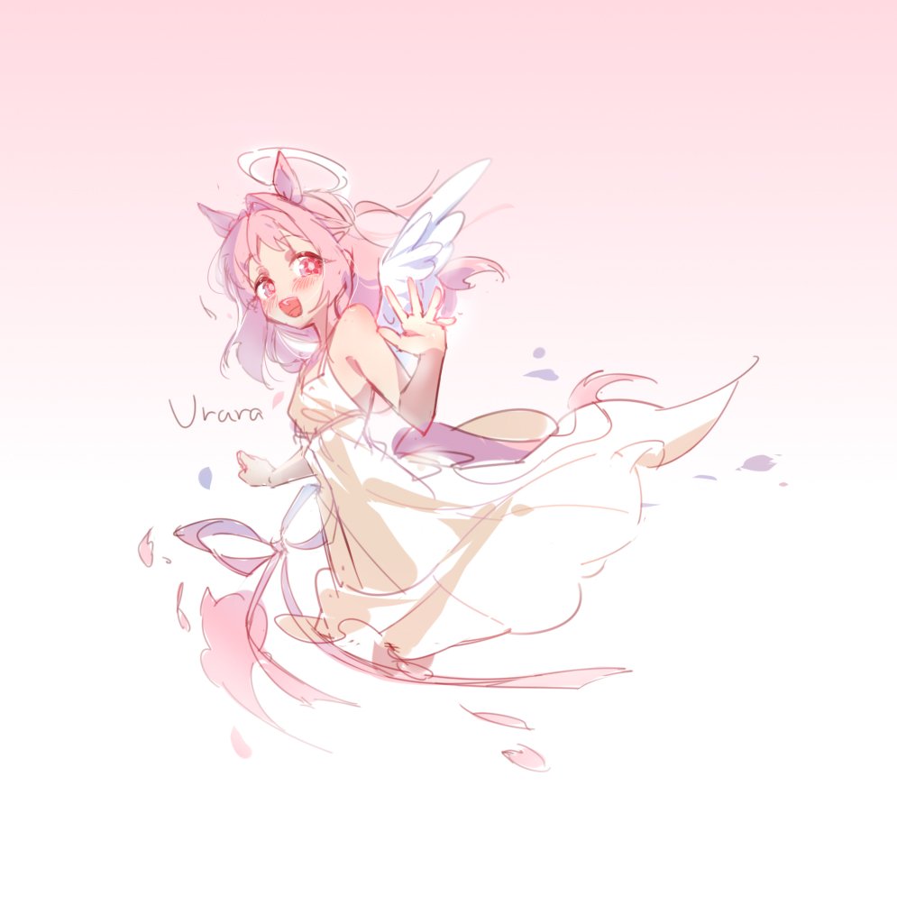 1girl, angel_wings, animal_ears, bare_shoulders, beiqi_coconut, blush, dress, flower-shaped_pupils