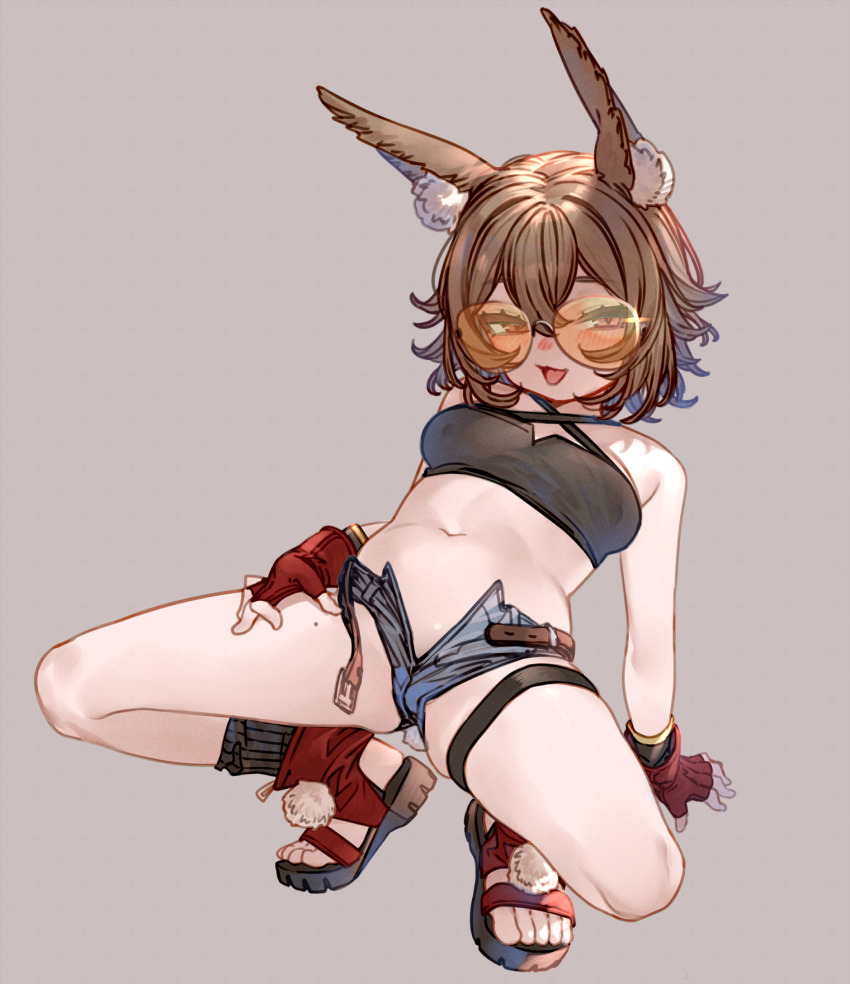 1girl, animal_ears, arknights, black_shirt, black_socks, blue_shorts, breasts, brown_background