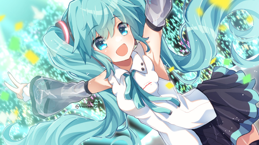 1girl, aqua_eyes, aqua_hair, aqua_nails, aqua_ribbon, aqua_trim, armpits, arms_up