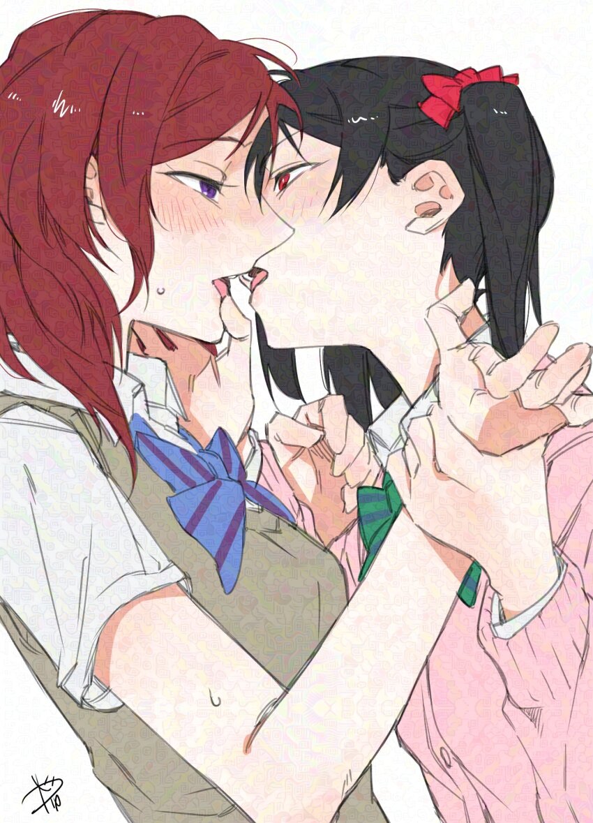 2girls, adversarial_noise, black_hair, blue_bow, blue_bowtie, bow, bowtie, brown_sweater_vest