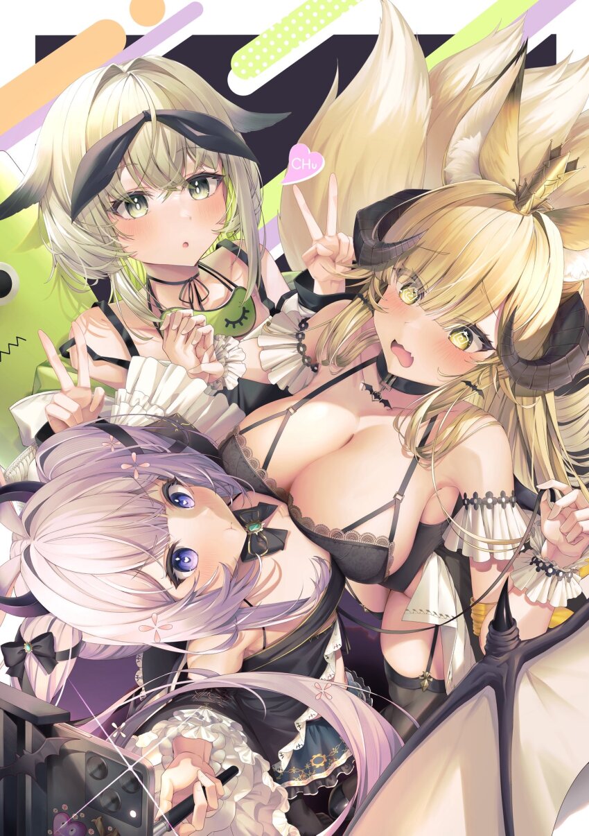 3girls, animal_ears, asymmetrical_docking, black_bra, blonde_hair, blue_eyes, blush, bra, breast_press, breasts, character_request, choker, cleavage, double_v, dress, from_above, green_eyes, green_hair, hair_ornament, highres, horns, large_breasts, long_hair, looking_at_viewer, multiple_girls, open_mouth, purple_eyes, purple_hair, reverseblue_x_re-birthend, ryuusei_gunsou, small_breasts, tail, thighhighs, underwear, v, virtual_youtuber, wings, wrist_cuffs, yellow_eyes