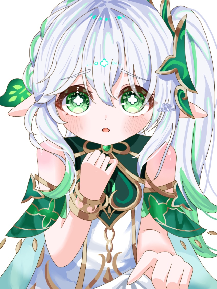 1girl, artist_name, bare_shoulders, blush, bracelet, commentary_request, cross-shaped_pupils, detached_sleeves